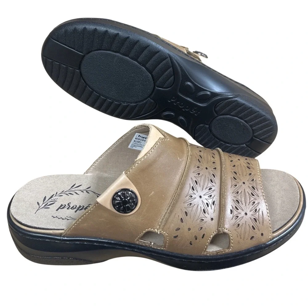 Propet WSO041L Tan Leather Laser Cut Floral Sandals Womens 8.5 X‎ Wide 2E NWOB